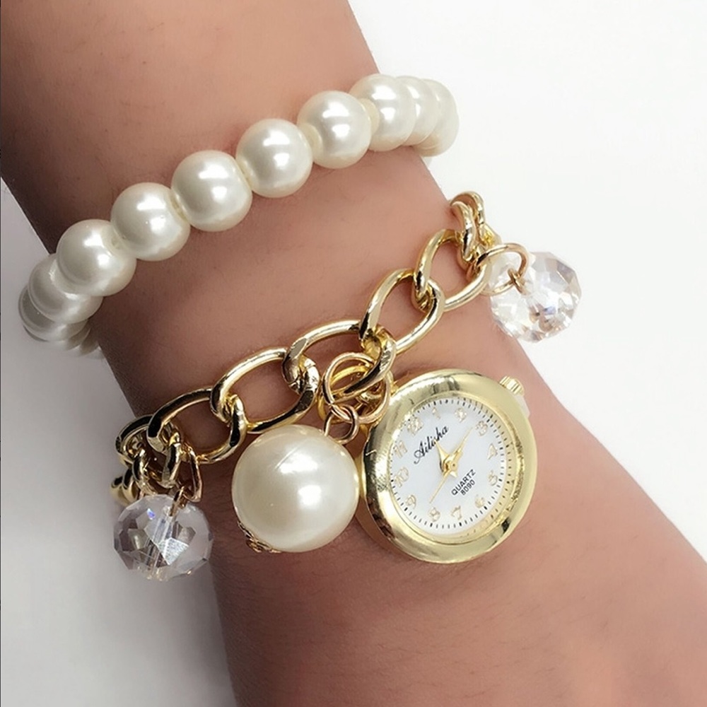 Watch Women’s Bangle Bracelet 2 Strand Pearl Bracelet Band Analog Gold White - Picture 1 of 11